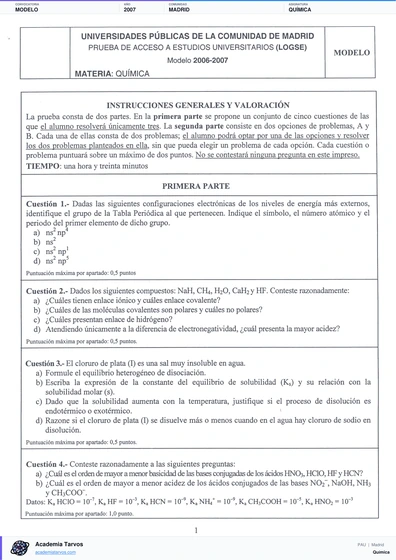 Vista previa de Modelo PAU de Química de Comunidad de Madrid 2007