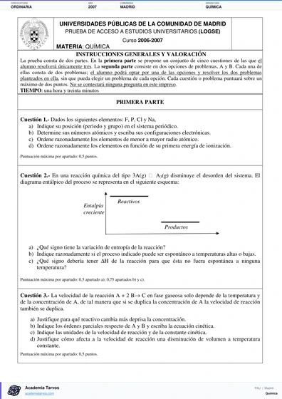 Vista previa de Examen PAU de Química de Comunidad de Madrid 2007 – Ordinaria