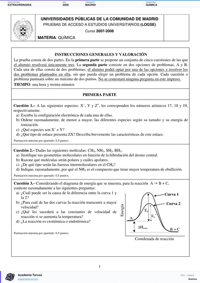 Vista previa de Examen PAU de Química de Comunidad de Madrid 2008 – Extraordinaria