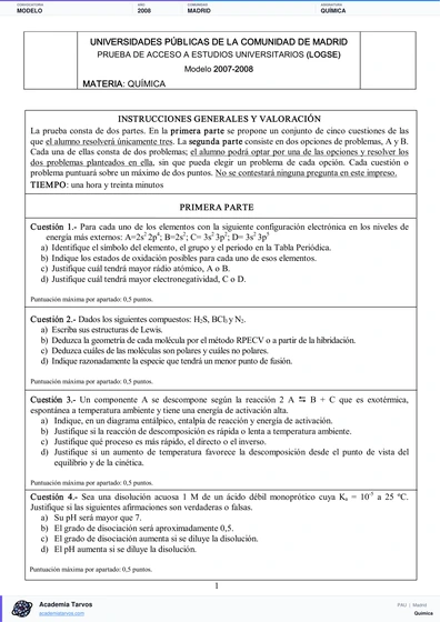 Vista previa de Modelo PAU de Química de Comunidad de Madrid 2008
