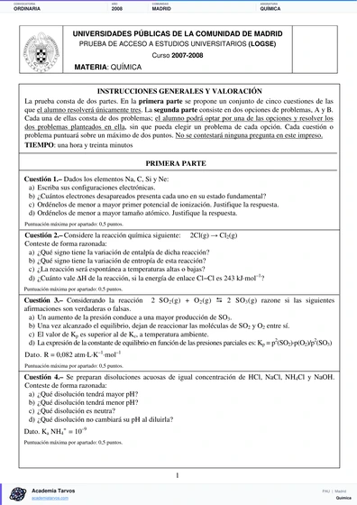 Vista previa de Examen PAU de Química de Comunidad de Madrid 2008 – Ordinaria