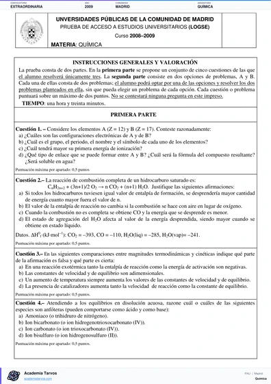 Vista previa de Examen PAU de Química de Comunidad de Madrid 2009 – Extraordinaria