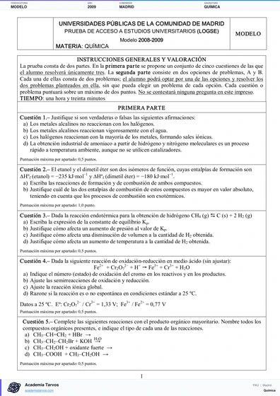 Vista previa de Modelo PAU de Química de Comunidad de Madrid 2009