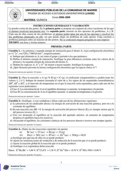 Vista previa de Examen PAU de Química de Comunidad de Madrid 2009 – Ordinaria