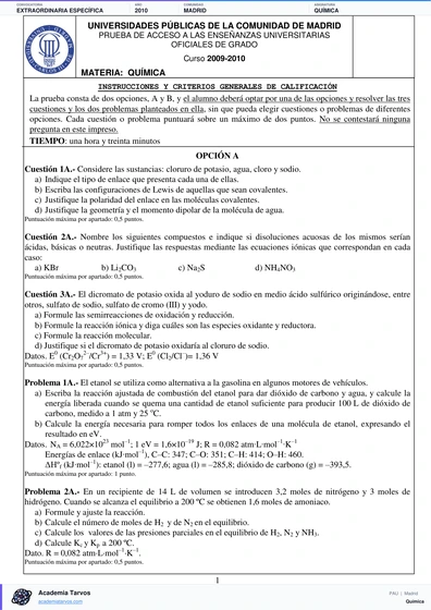 Vista previa de Examen PAU de Química de Comunidad de Madrid 2010 – Extraordinaria Específica