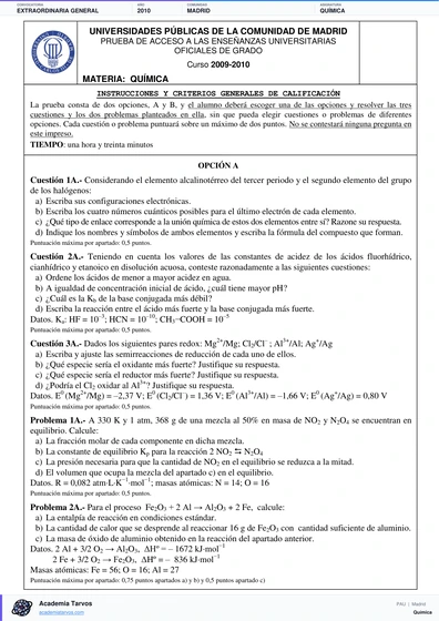 Vista previa de Examen PAU de Química de Comunidad de Madrid 2010 – Extraordinaria General