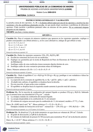 Vista previa de Modelo PAU de Química de Comunidad de Madrid 2010