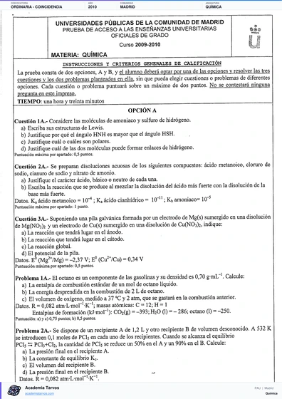 Vista previa de Examen PAU de Química de Comunidad de Madrid 2010 – Ordinaria   Coincidencia