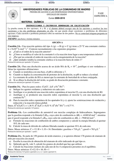 Vista previa de Examen PAU de Química de Comunidad de Madrid 2010 – Ordinaria Específica