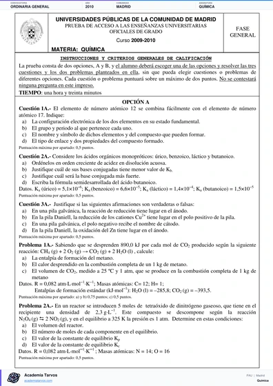 Vista previa de Examen PAU de Química de Comunidad de Madrid 2010 – Ordinaria General