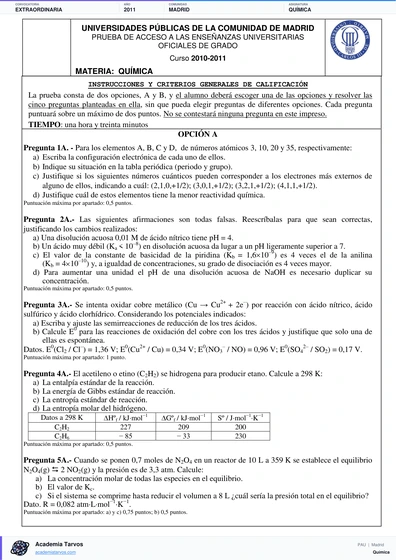 Vista previa de Examen PAU de Química de Comunidad de Madrid 2011 – Extraordinaria