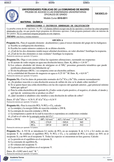 Vista previa de Modelo PAU de Química de Comunidad de Madrid 2011