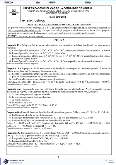 Vista previa de Examen PAU de Química de Comunidad de Madrid 2011 – Ordinaria
