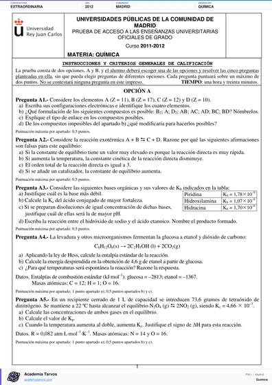 Vista previa de Examen PAU de Química de Comunidad de Madrid 2012 – Extraordinaria