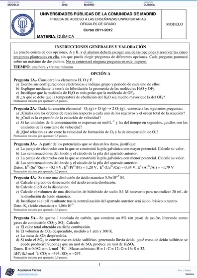 Vista previa de Modelo PAU de Química de Comunidad de Madrid 2012