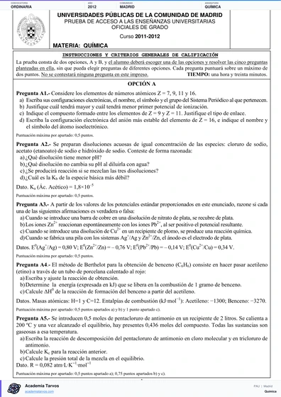 Vista previa de Examen PAU de Química de Comunidad de Madrid 2012 – Ordinaria