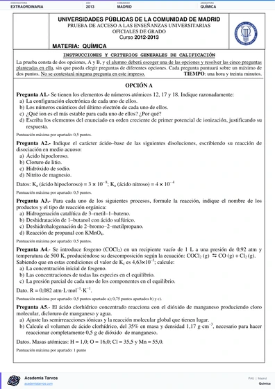 Vista previa de Examen PAU de Química de Comunidad de Madrid 2013 – Extraordinaria