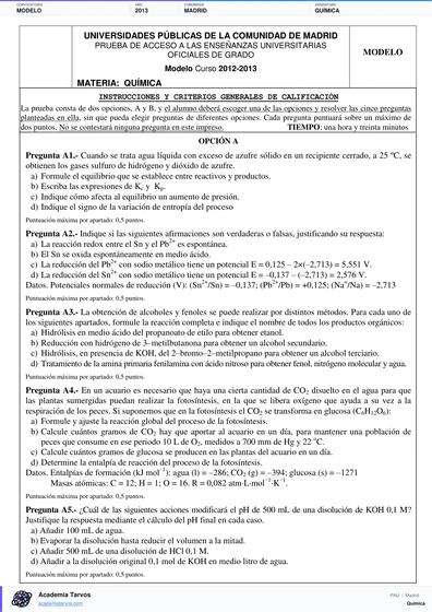 Vista previa de Modelo PAU de Química de Comunidad de Madrid 2013
