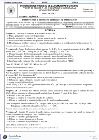 Vista previa de Examen PAU de Química de Comunidad de Madrid 2013 – Ordinaria   Coincidencia