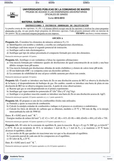 Vista previa de Examen PAU de Química de Comunidad de Madrid 2013 – Ordinaria