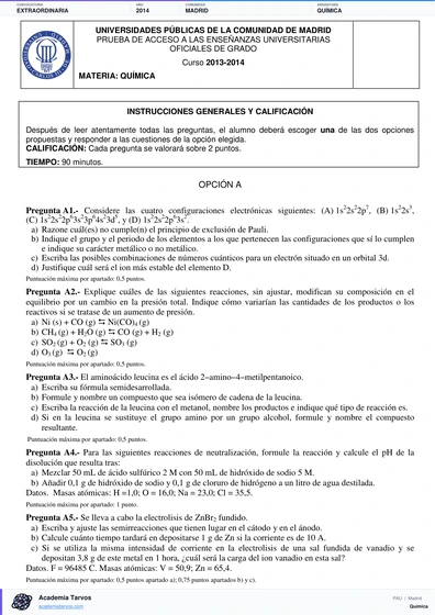 Vista previa de Examen PAU de Química de Comunidad de Madrid 2014 – Extraordinaria