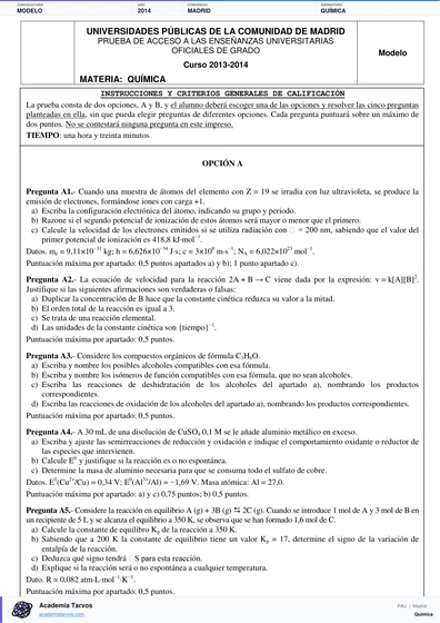 Vista previa de Modelo PAU de Química de Comunidad de Madrid 2014