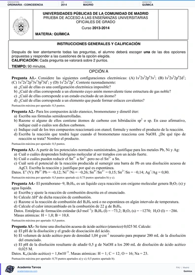 Vista previa de Examen PAU de Química de Comunidad de Madrid 2014 – Ordinaria   Coincidencia