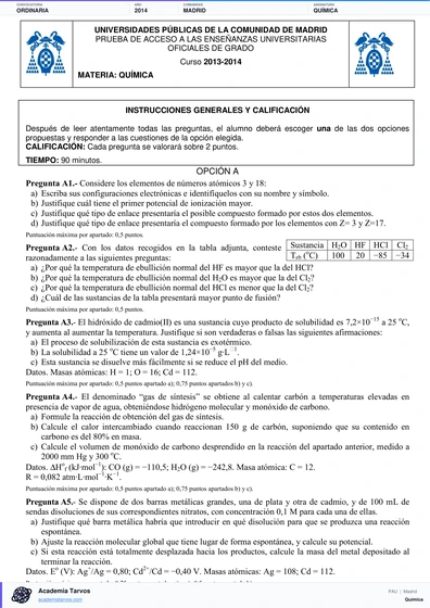 Vista previa de Examen PAU de Química de Comunidad de Madrid 2014 – Ordinaria