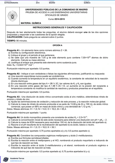 Vista previa de Examen PAU de Química de Comunidad de Madrid 2015 – Extraordinaria