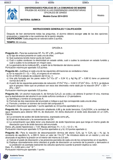 Vista previa de Modelo PAU de Química de Comunidad de Madrid 2015