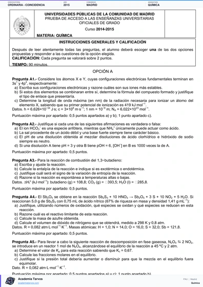 Vista previa de Examen PAU de Química de Comunidad de Madrid 2015 – Ordinaria   Coincidencia