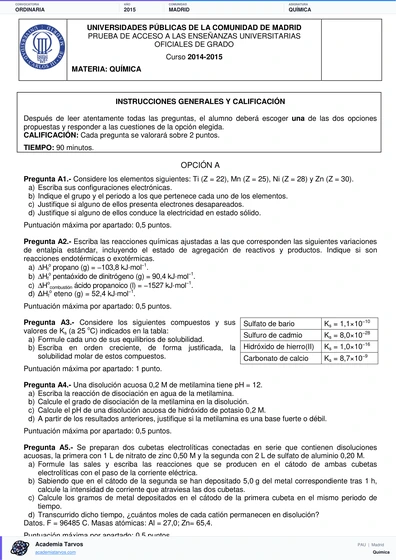 Vista previa de Examen PAU de Química de Comunidad de Madrid 2015 – Ordinaria