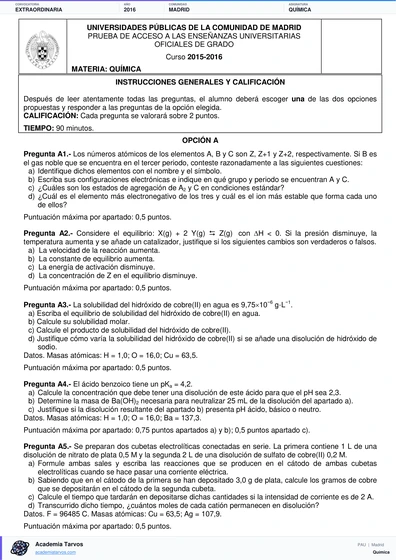 Vista previa de Examen PAU de Química de Comunidad de Madrid 2016 – Extraordinaria