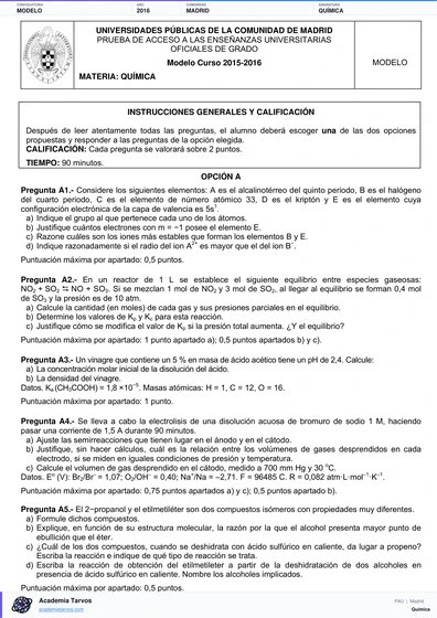 Vista previa de Modelo PAU de Química de Comunidad de Madrid 2016