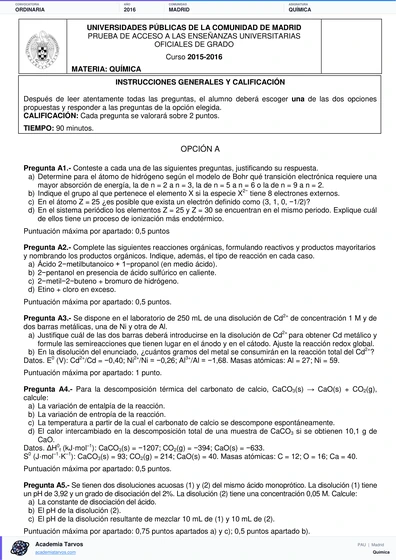 Vista previa de Examen PAU de Química de Comunidad de Madrid 2016 – Ordinaria