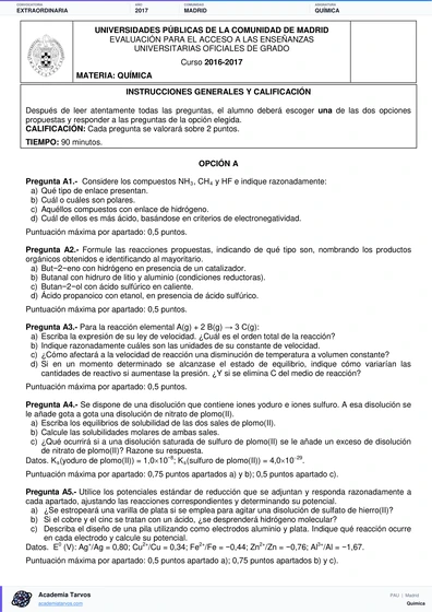 Vista previa de Examen PAU de Química de Comunidad de Madrid 2017 – Extraordinaria