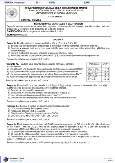 Vista previa de Examen PAU de Química de Comunidad de Madrid 2017 – Ordinaria   Coincidencia