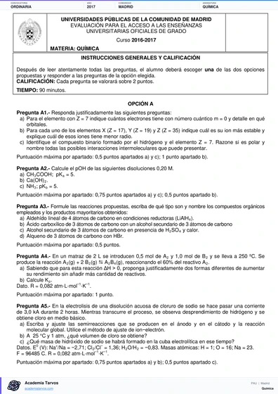 Vista previa de Examen PAU de Química de Comunidad de Madrid 2017 – Ordinaria