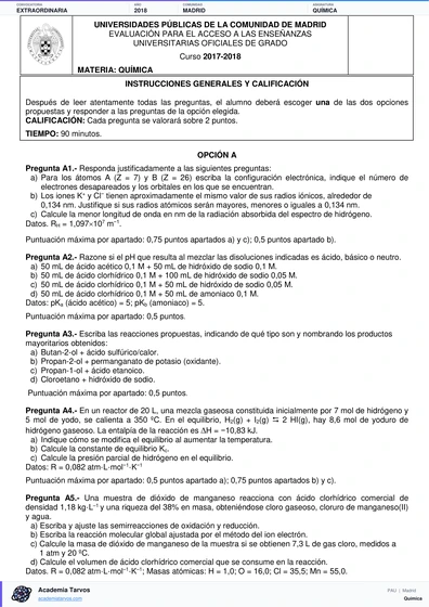 Vista previa de Examen PAU de Química de Comunidad de Madrid 2018 – Extraordinaria