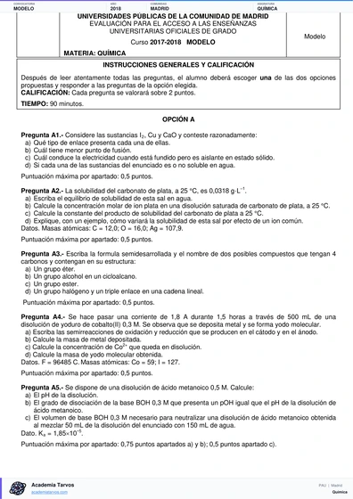 Vista previa de Modelo PAU de Química de Comunidad de Madrid 2018