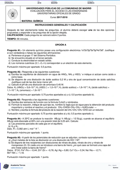 Vista previa de Examen PAU de Química de Comunidad de Madrid 2018 – Ordinaria