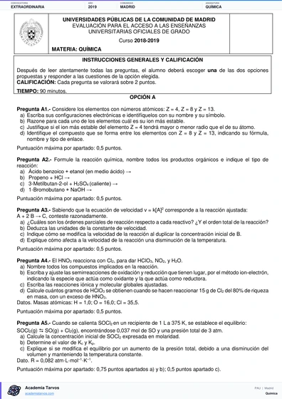 Vista previa de Examen PAU de Química de Comunidad de Madrid 2019 – Extraordinaria