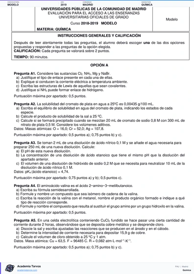 Vista previa de Modelo PAU de Química de Comunidad de Madrid 2019