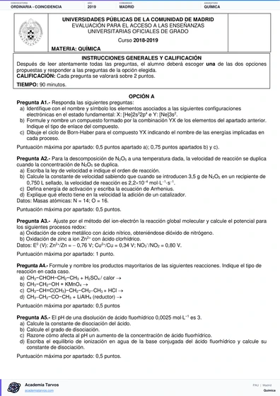 Vista previa de Examen PAU de Química de Comunidad de Madrid 2019 – Ordinaria   Coincidencia