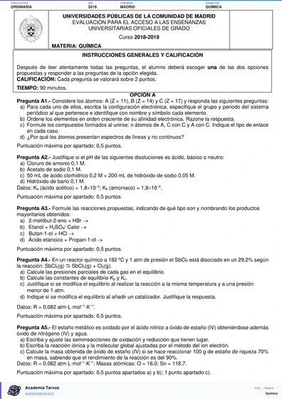 Vista previa de Examen PAU de Química de Comunidad de Madrid 2019 – Ordinaria