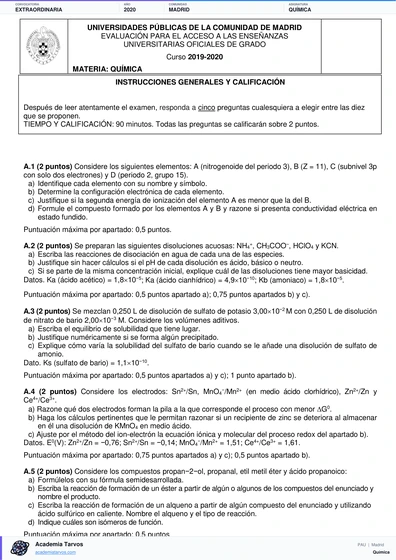 Vista previa de Examen PAU de Química de Comunidad de Madrid 2020 – Extraordinaria