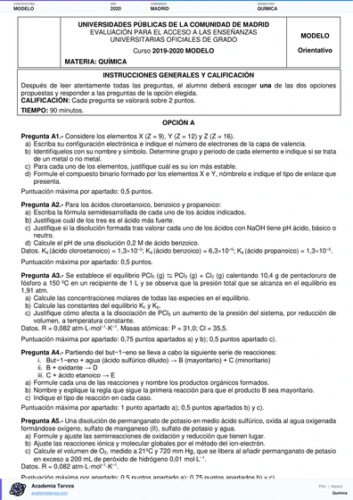 Vista previa de Modelo PAU de Química de Comunidad de Madrid 2020