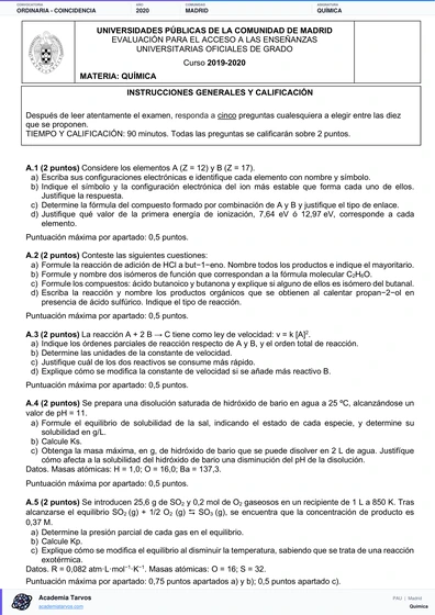 Vista previa de Examen PAU de Química de Comunidad de Madrid 2020 – Ordinaria   Coincidencia