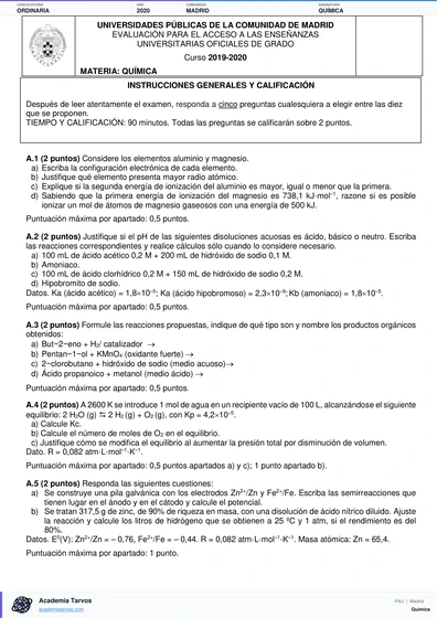 Vista previa de Examen PAU de Química de Comunidad de Madrid 2020 – Ordinaria