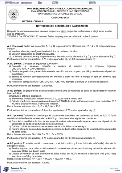 Vista previa de Examen PAU de Química de Comunidad de Madrid 2021 – Extraordinaria   Coincidencia